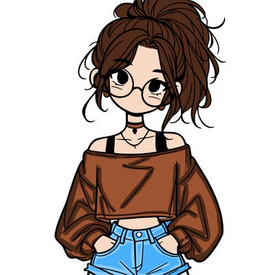 girl with a messy ponytail glasses a baggy crop top and jean shorts