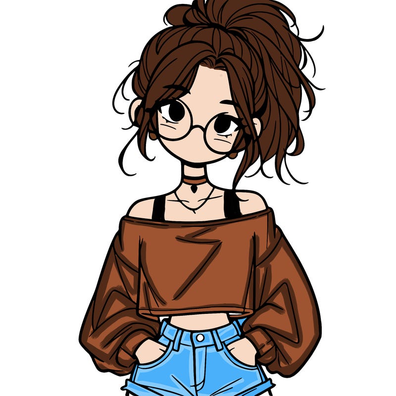 girl with a messy ponytail glasses a baggy crop top and jean shorts