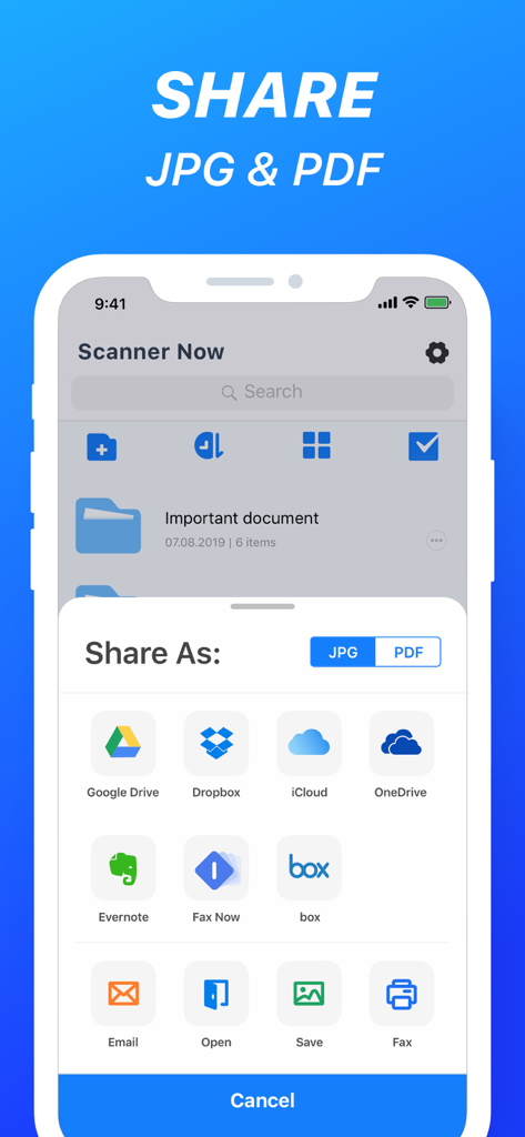 Nova Scanner app interface showing options to share scanned documents as JPG or PDF to cloud services and fax
