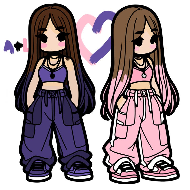 girl in baggy pants crop top and long hair