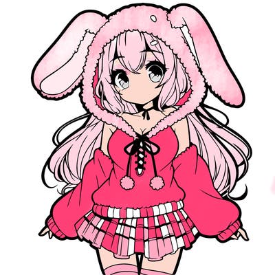 pretty anime girl wearing a fluffy hoodie with bunny ears on the hood and a skirt