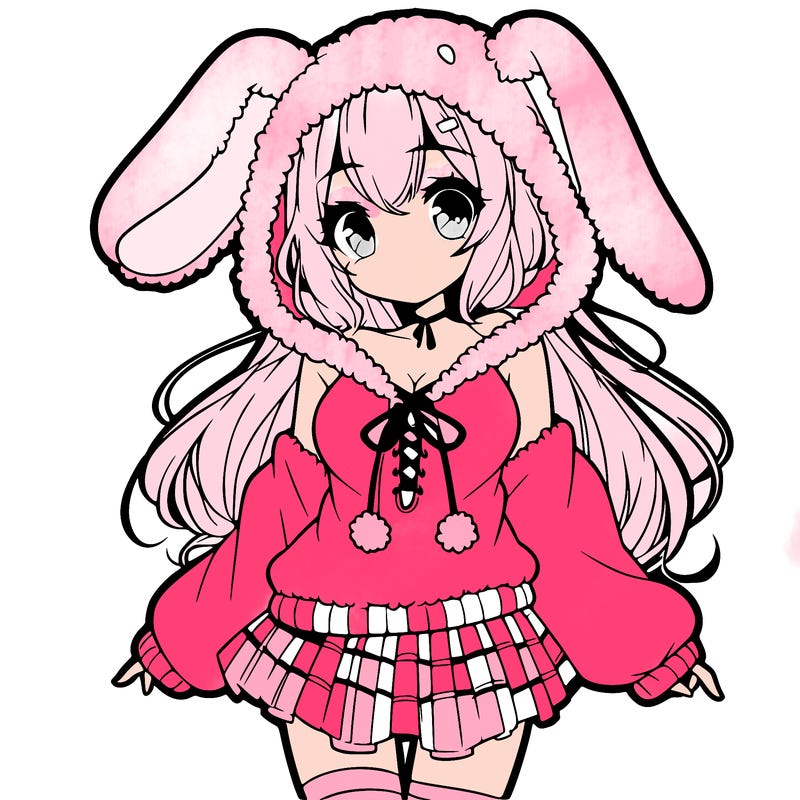 pretty anime girl wearing a fluffy hoodie with bunny ears on the hood and a skirt