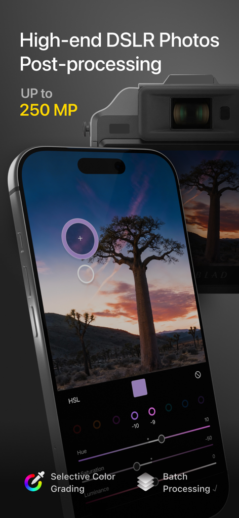 Varlens app showing HSL selective color grading on a high-resolution landscape photo with a DSLR camera background