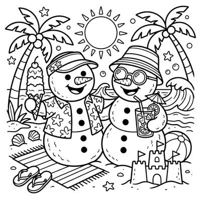 Dive into a whimsical summer adventure with these festive snowmen enjoying a sunny day at the beach. This delightful coloring page combines holiday cheer with tropical vibes for a truly unique creative experience.