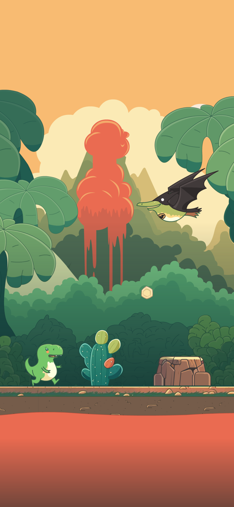 Dino T-Rex Endless Runner Game - 背景に火山と空飛ぶ恐竜がいる、先史時代のジャングルを走るカートゥーンT-レックス。