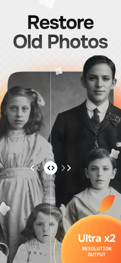 Citrus: AI 1 Tap Perfect Photo - Comparación de antes y después de una foto familiar vintage restaurada usando el potenciador Citrus AI