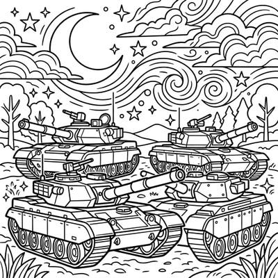 Embark on an epic coloring mission with this detailed illustration of military tanks positioned under a mysterious night sky. Capture the intensity of a nocturnal landscape as you bring these powerful machines to life with your favorite colors.