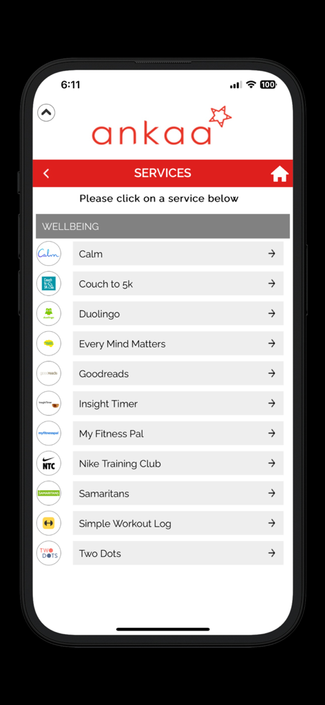 ankaa - Ankaa app screen showing a list of wellbeing services including Calm Duolingo and My Fitness Pal for maritime professionals