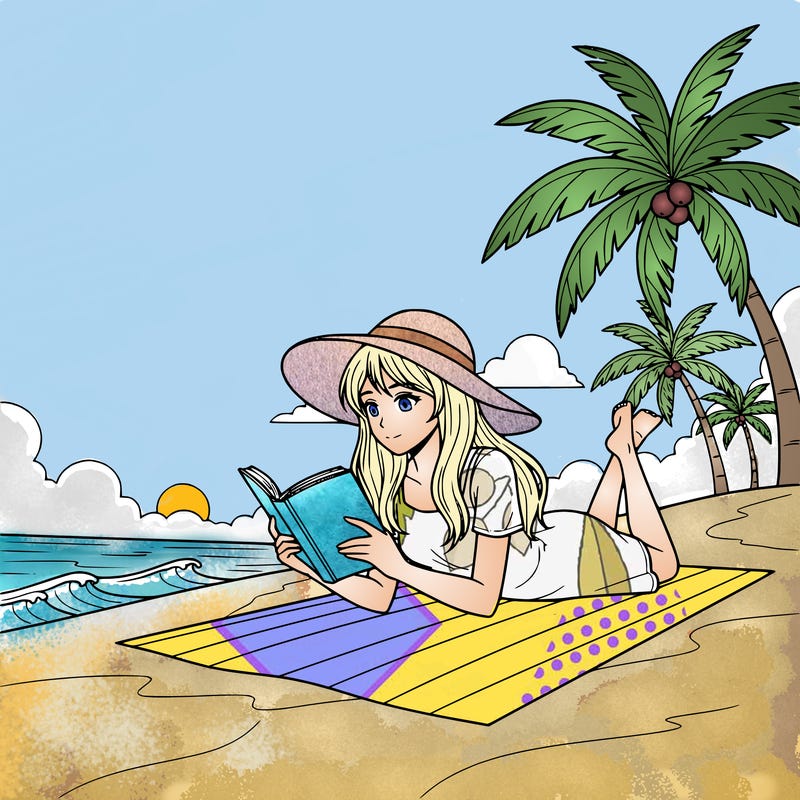 anime girl reading in the beach