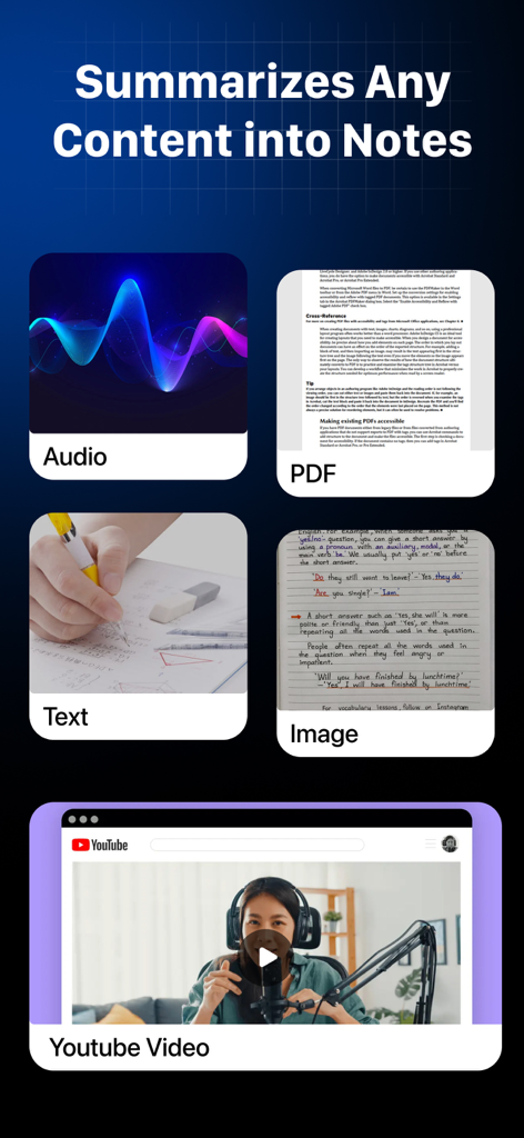AI Note Taker-Voice to Notes ! - AI Note Taker app interface displaying summarization capabilities for audio PDF text images and YouTube videos