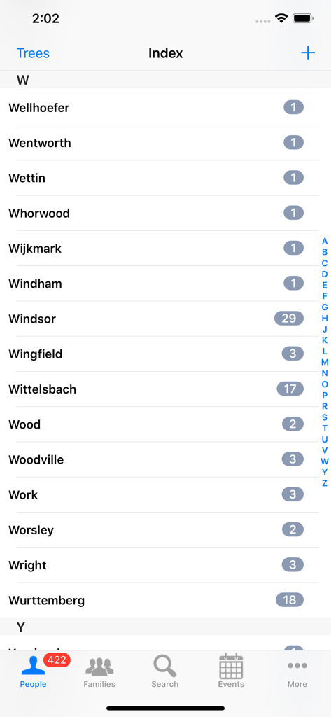 Alphabetischer Index der Nachnamen in der GedView-Genealogie-App mit Anzahl der Familiennamen