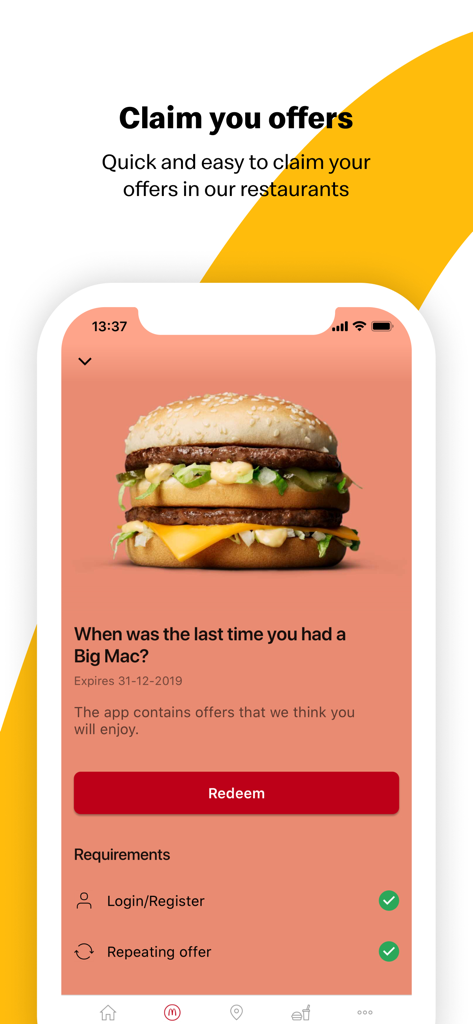 McDonalds app screen showing a Big Mac deal with a redeem button