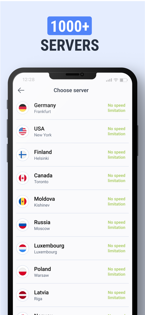 TipTop VPN app interface showing a list of over 1000 servers in various countries with no speed limitations.