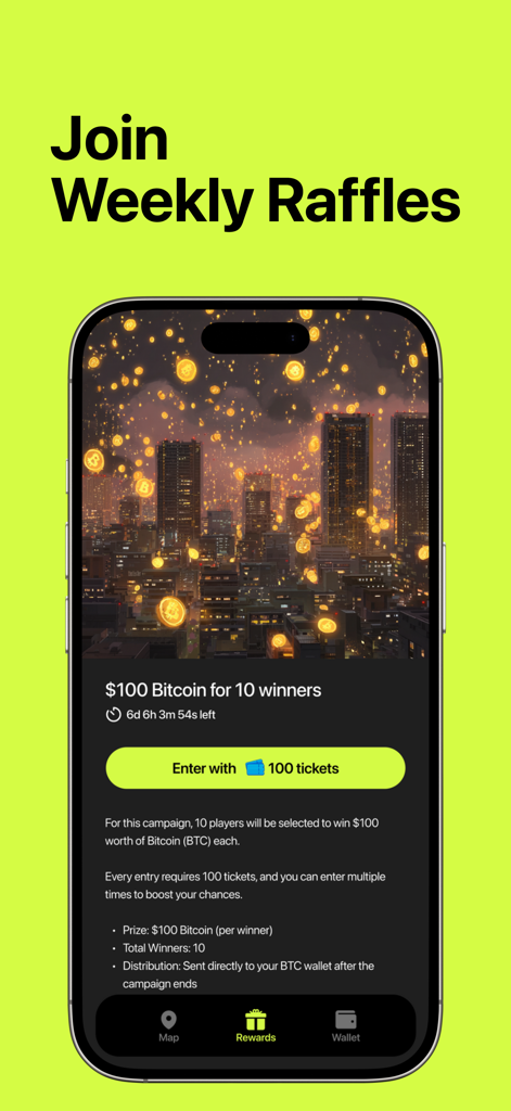 LootGO - Interfaz de la aplicación móvil LootGO para participar en sorteos semanales de Bitcoin usando billetes recolectados