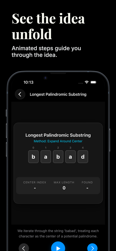 Claryzo: Ask, Play, Learn (AI) - A mobile screen showing an animated lesson on the Longest Palindromic Substring algorithm.