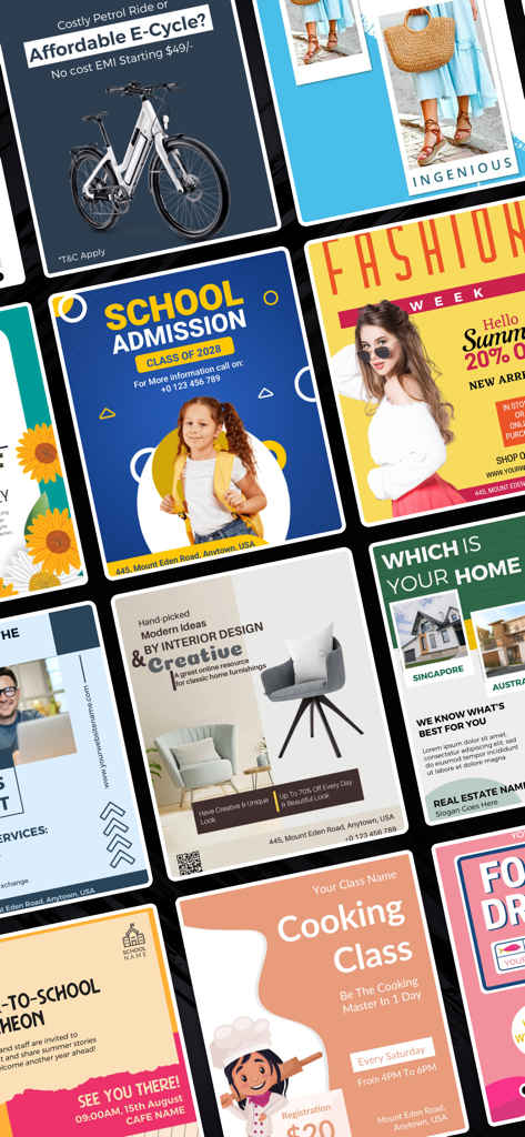 Uma coleção de templates profissionais de panfletos e cartazes para admissões escolares, saldos de moda, imobiliária e aulas de culinária.