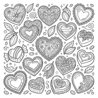 Unleash your artistic side with this delightful coloring page featuring an array of beautifully designed chocolate hearts. Perfect for teens seeking a relaxing and creative outlet to express themselves through color.