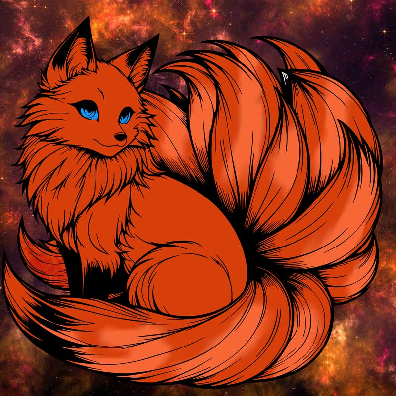 realistic detailed 9 tailed anime fox