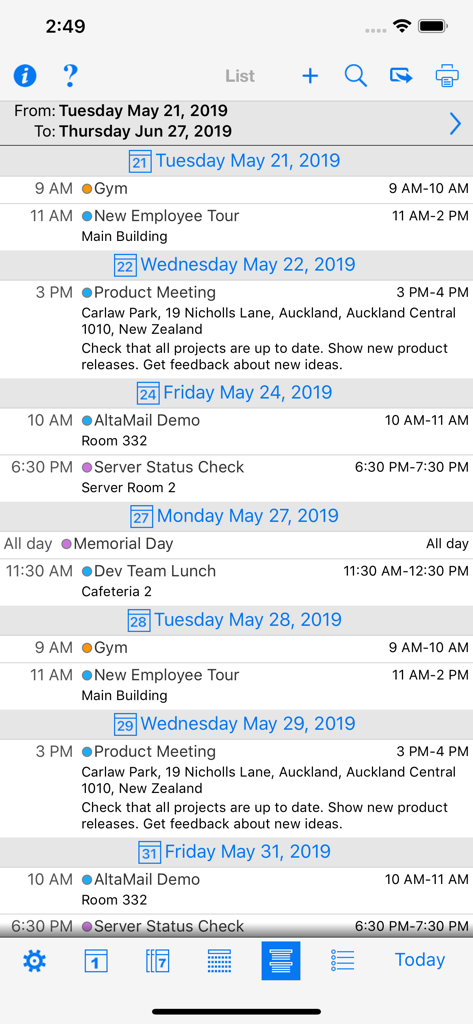 A chronological list view of calendar appointments and meetings in the CalPrint app.