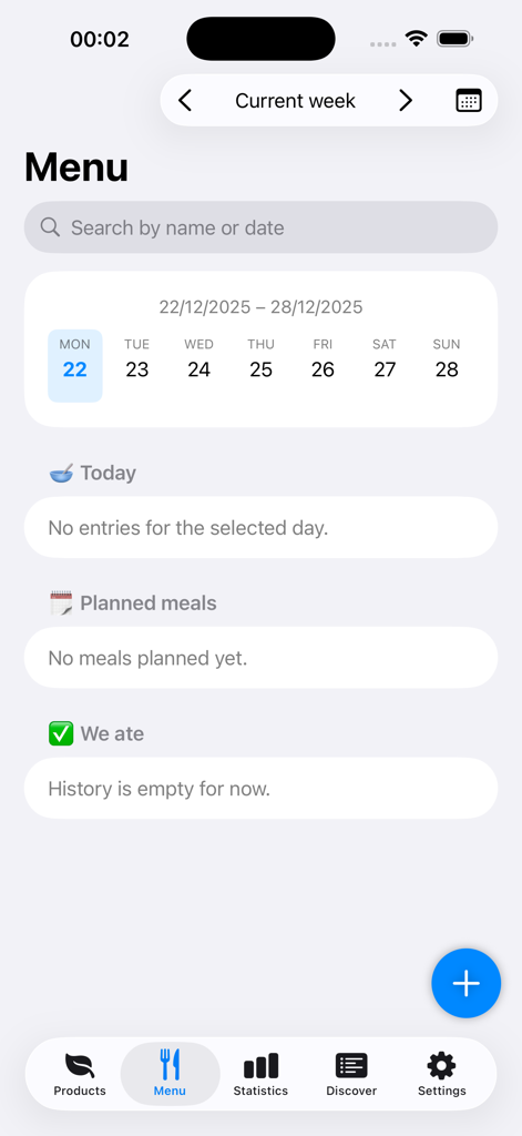 Weekly meal planner dashboard in the My Weaning baby solids app
