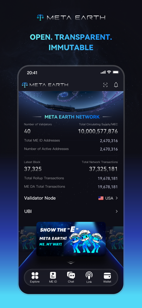 Pantalla de la aplicación ME Pass que muestra el panel de Meta Earth Network con estadísticas de blockchain y datos de transacciones