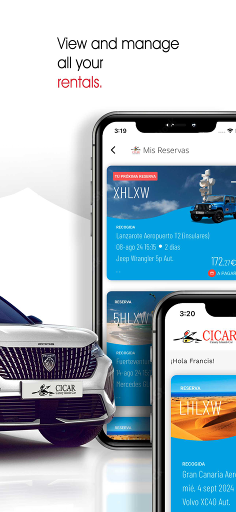 Cicar - Pantalla de la app móvil de Cicar mostrando la gestión de reservas de alquiler de coches para viajeros a Canarias