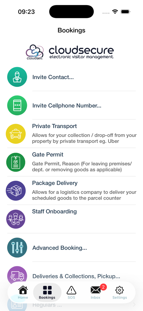 Cloudsell Cloud Secure - 連絡先、プライベート交通機関、荷物の配達を招待するためのオプションが表示された予約画面のCloudsell Cloud Secureアプリインターフェース。
