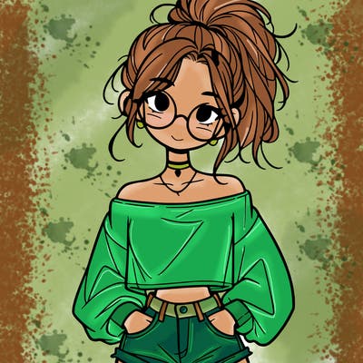 girl with a messy ponytail glasses a baggy crop top and jean shorts