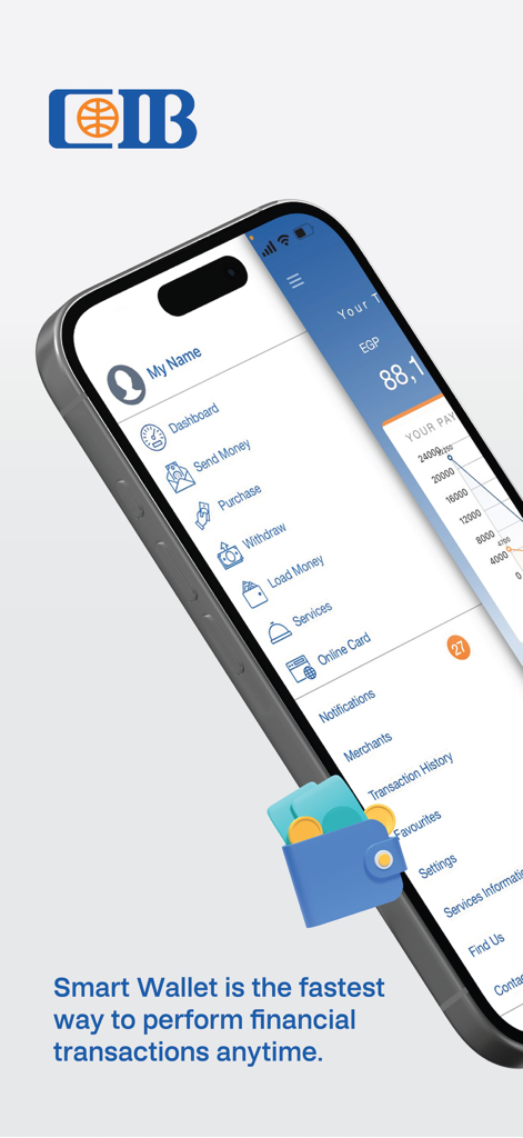 CIB Smart Wallet - CIB Smart Wallet mobile app interface on a smartphone screen showing menu options for money transfers, purchases, and bill payments.