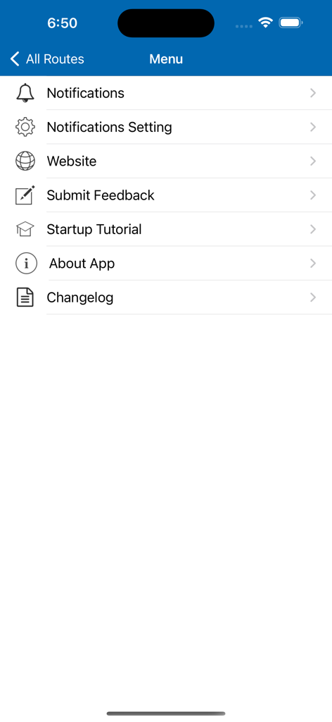 OCMD Beach Bus - Menu screen of the OCMD Beach Bus app showing options for notifications, settings, and support information.