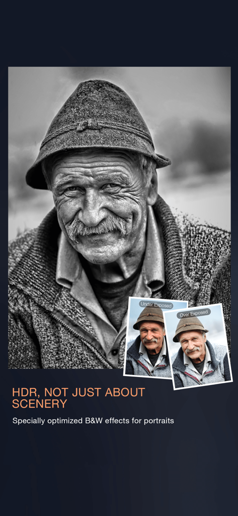 Ein kontrastreicher Schwarz-Weiß-HDR-Porträt eines Mannes, der die Porträtoptimierung zeigt