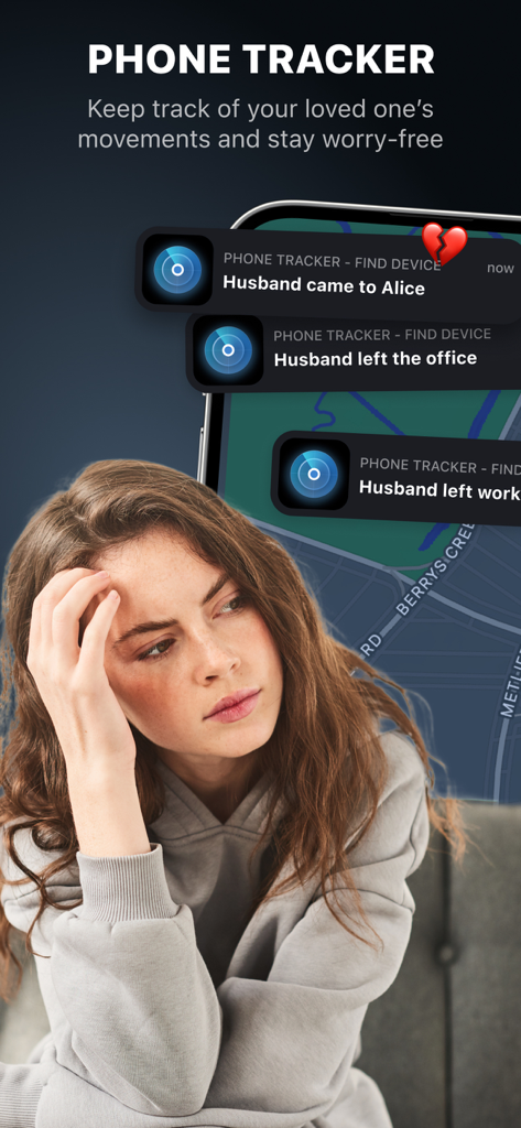 Uma mulher preocupada olhando para notificações de telefone mostrando atualizações de localização em tempo real para seu marido usando o aplicativo Phone Tracker