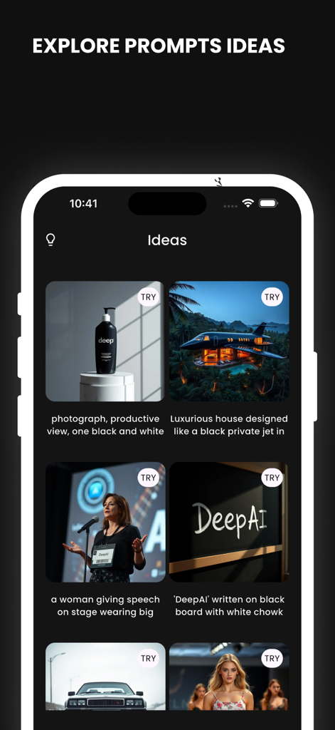 PixAI - Image Generator - PixAI app interface showing a collection of AI image prompt ideas and generated artwork examples.