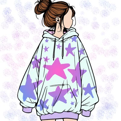 realistic girl with a oversized sweatshirt on and a bun