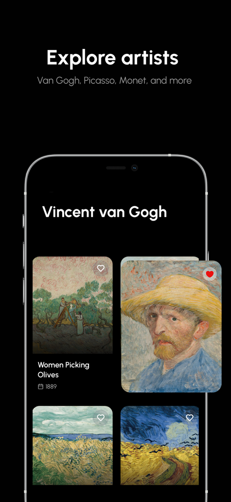 LearnArt mobile app displaying the artist profile of Vincent van Gogh with a gallery of his famous paintings