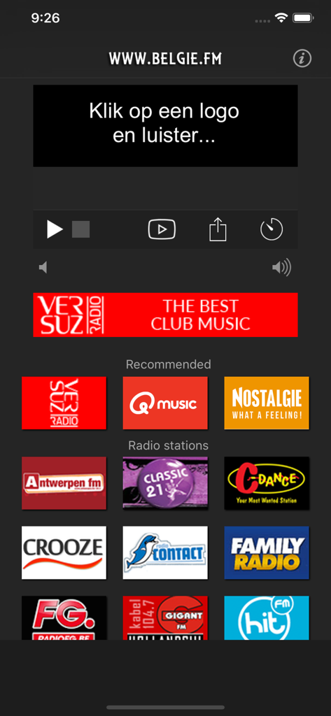 Interface of the Belgie.FM radio app displaying various Belgian radio station logos
