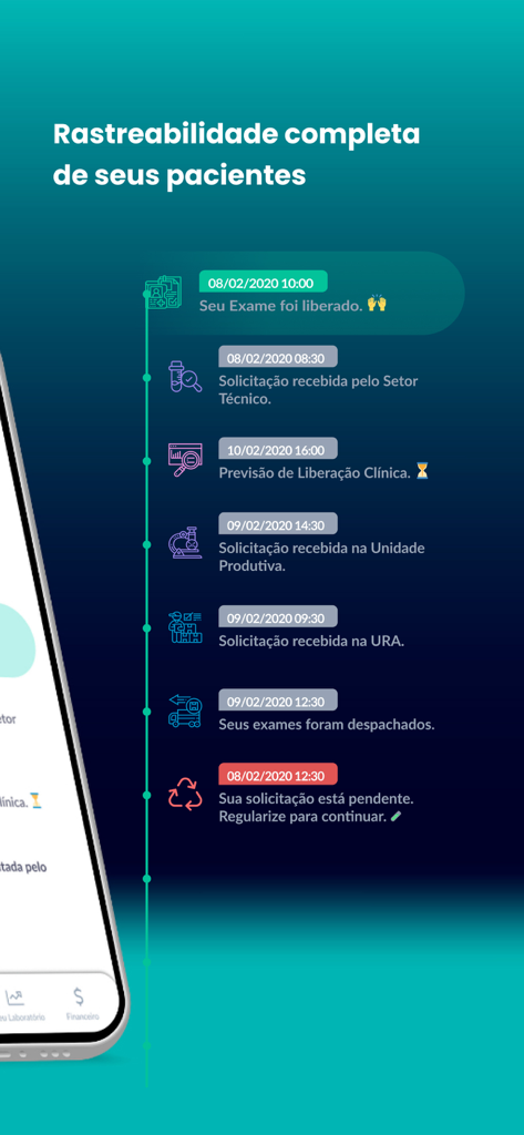 e-DB - Interfaz de la aplicación móvil que muestra un cronograma detallado para rastrear el estado de las pruebas de diagnóstico del paciente y la logística del laboratorio.