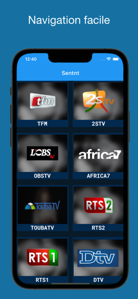 sentnt, Senegal tv - Écran de smartphone montrant l'interface de l'application Sentnt avec une liste de chaînes de télévision sénégalaises, y compris TFM et RTS