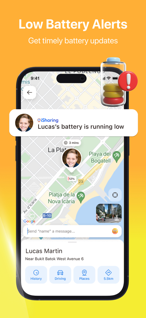 Mobile screen showing iSharing app low battery alert notification on a map