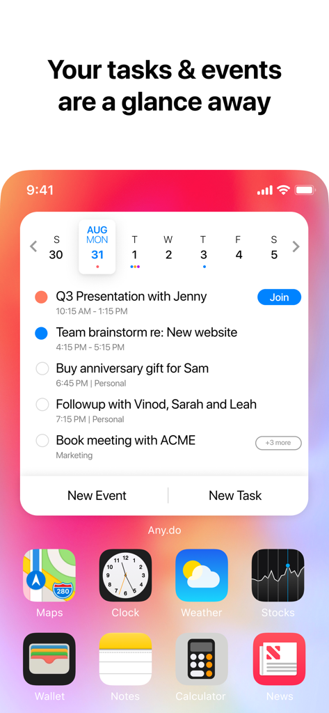 Widget de Any.do en la pantalla de inicio del iPhone que muestra tareas y eventos del calendario de un vistazo.