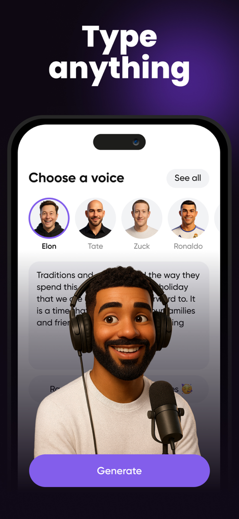 Vozee: Celebrity voice changer - Interface do aplicativo Vozee mostrando a seleção de voz de celebridade para geração de texto para fala IA