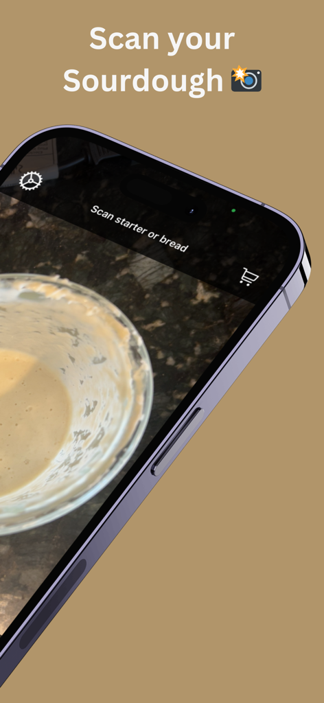 Loaflo: Sourdough Starter - A smartphone screen showing the Loaflo app scanning a bowl of sourdough starter for AI analysis.