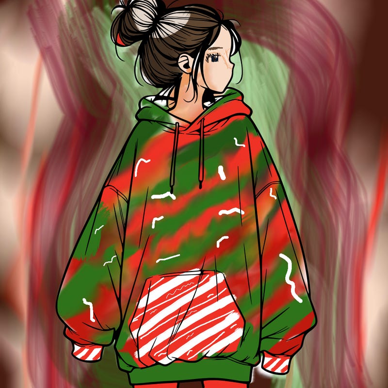 realistic girl with a oversized sweatshirt on and a bun