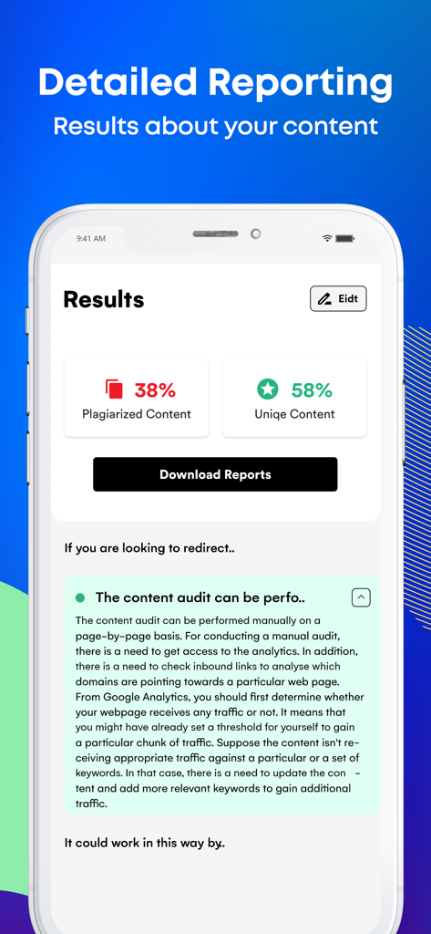 Plagiarism checker report showing the percentage of unique and plagiarized content.