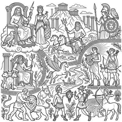 Immerse yourself in the legends of Olympus with this captivating Ancient Greek Mythology coloring page. Discover gods, goddesses, heroes, and mythical creatures waiting for your creative touch.