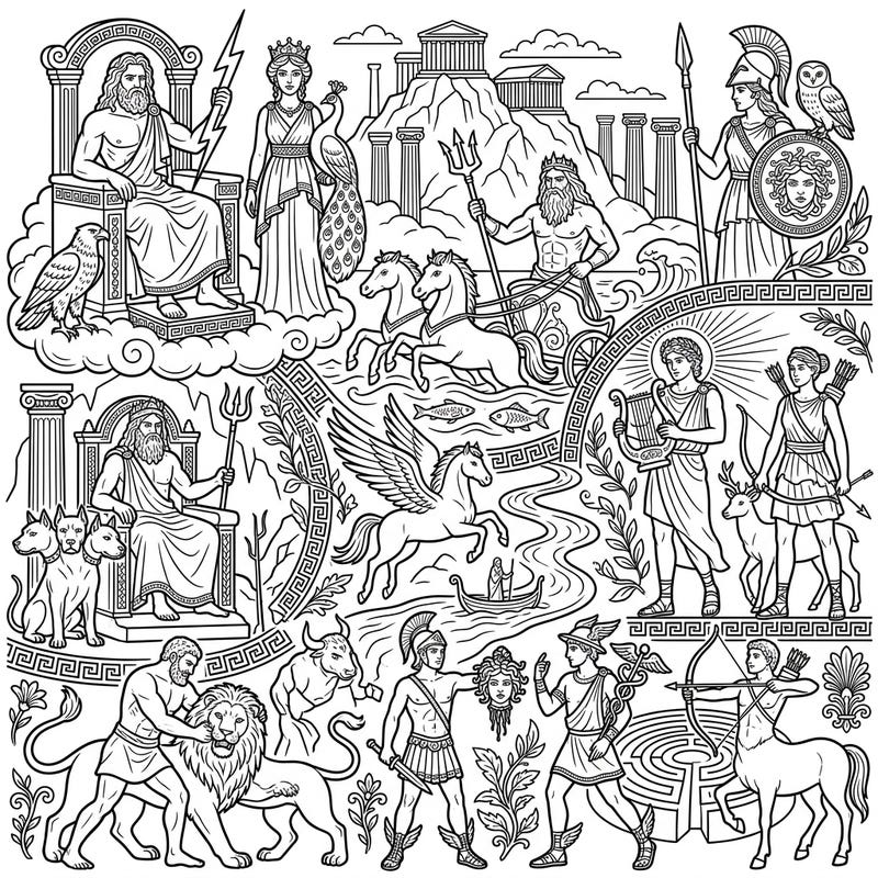 Immerse yourself in the legends of Olympus with this captivating Ancient Greek Mythology coloring page. Discover gods, goddesses, heroes, and mythical creatures waiting for your creative touch.