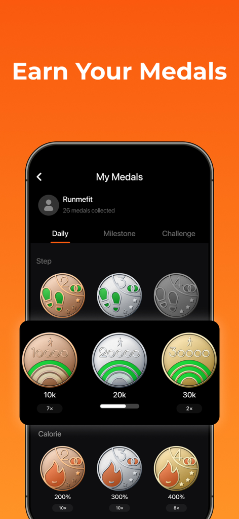 Runmefit - Runmefit app interface displaying digital medals for daily steps and calorie milestones