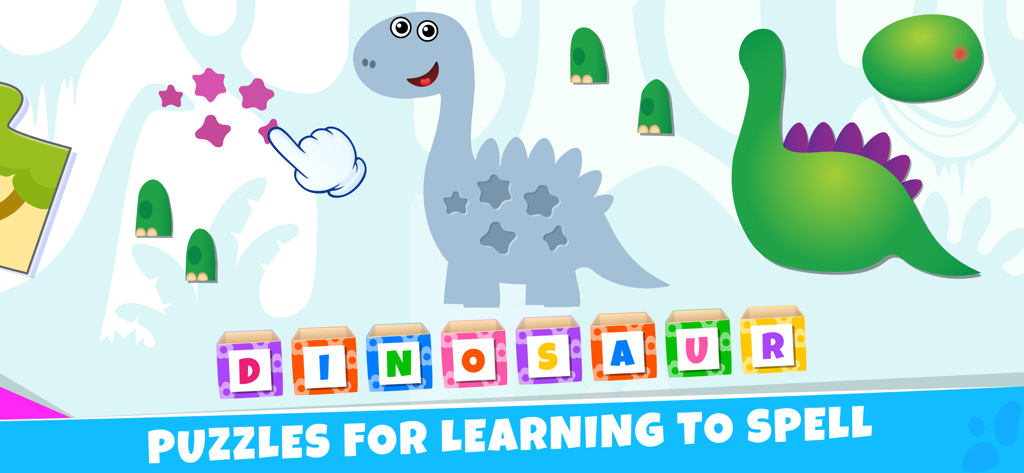 Preschool learning kids games - Educational game screen where kids spell the word dinosaur using colorful letter boxes