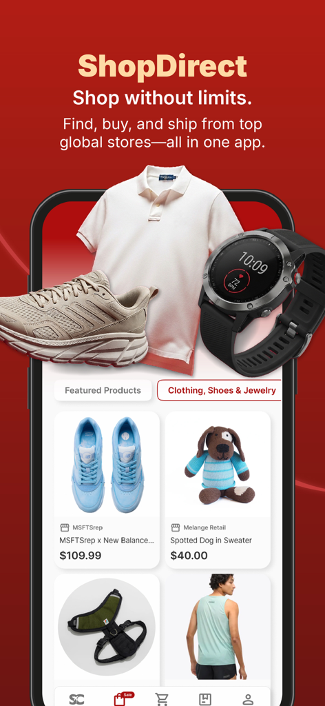 ShippingCart app interface showcasing the ShopDirect feature with global shopping products like clothing and electronics