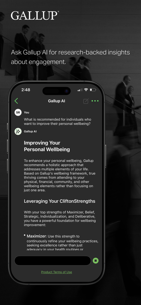 Gallup Access - Gallup Access app interface showing a chat with Gallup AI providing personalized wellbeing recommendations based on CliftonStrengths.
